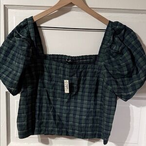 Madewell Green Plaid Puff Sleeve Blouse